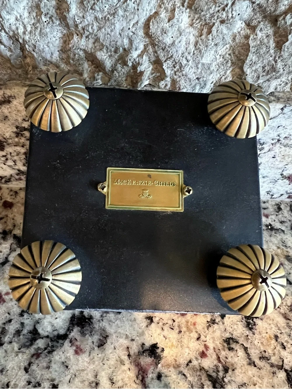 MacKenzie-Childs Vintage Red Leather & Enamel Notepad cube holder. With notepad.